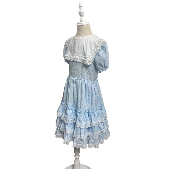 Vintage Golden Age Formal Dress Size 8 Blue & White Ruffled Lace Round Tiered - Picture 5 of 12